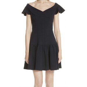 Rebecca Taylor Size 6 Textured Off the Shoulder Mini Dress Navy Blue‎ Ruffle New